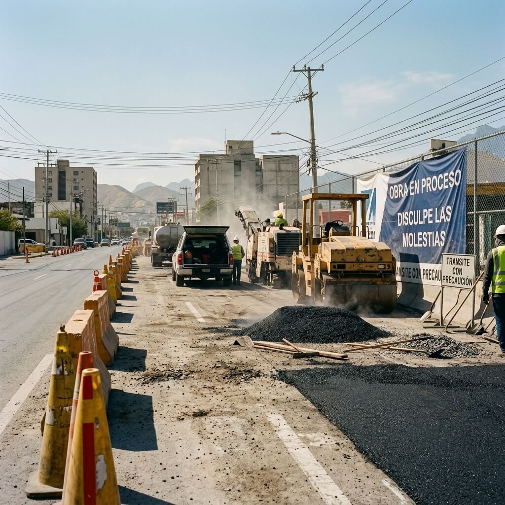 Trabajos de mantenimiento vial con maquinaria y cuadrilla en una avenida de Monterrey