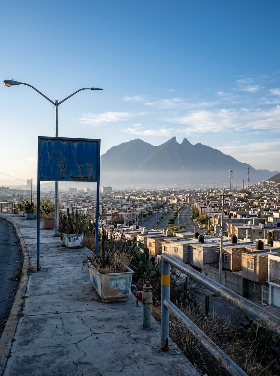Vista vertical de la zona metropolitana de Monterrey desde un mirador urbano al amanecer